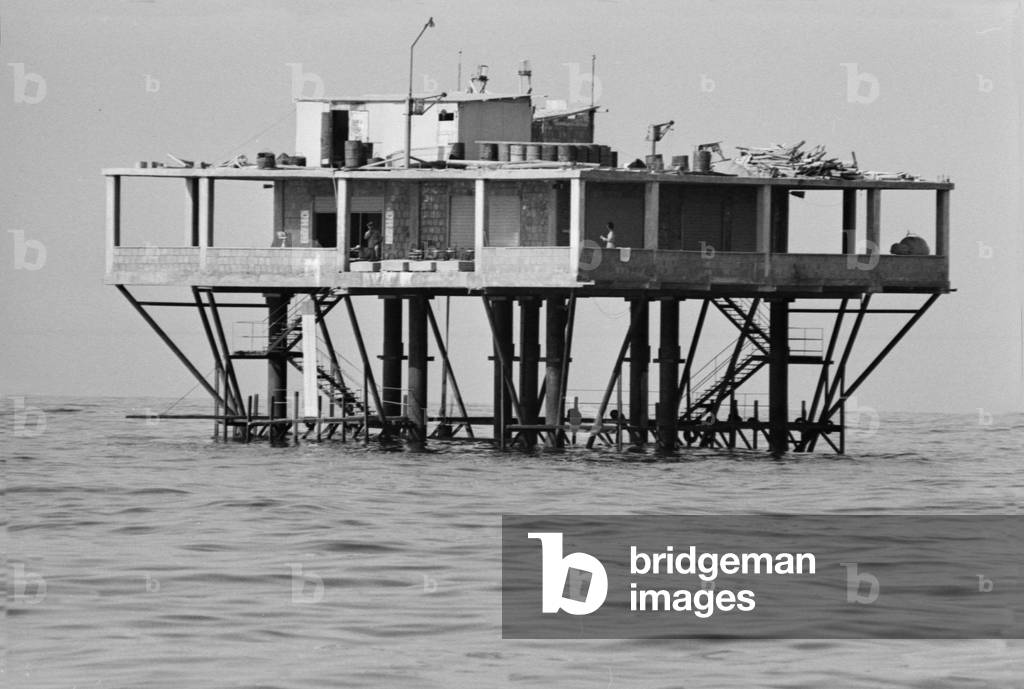 The steel platform off the coast of Rimini, Italy, 1968 (b/w photo)