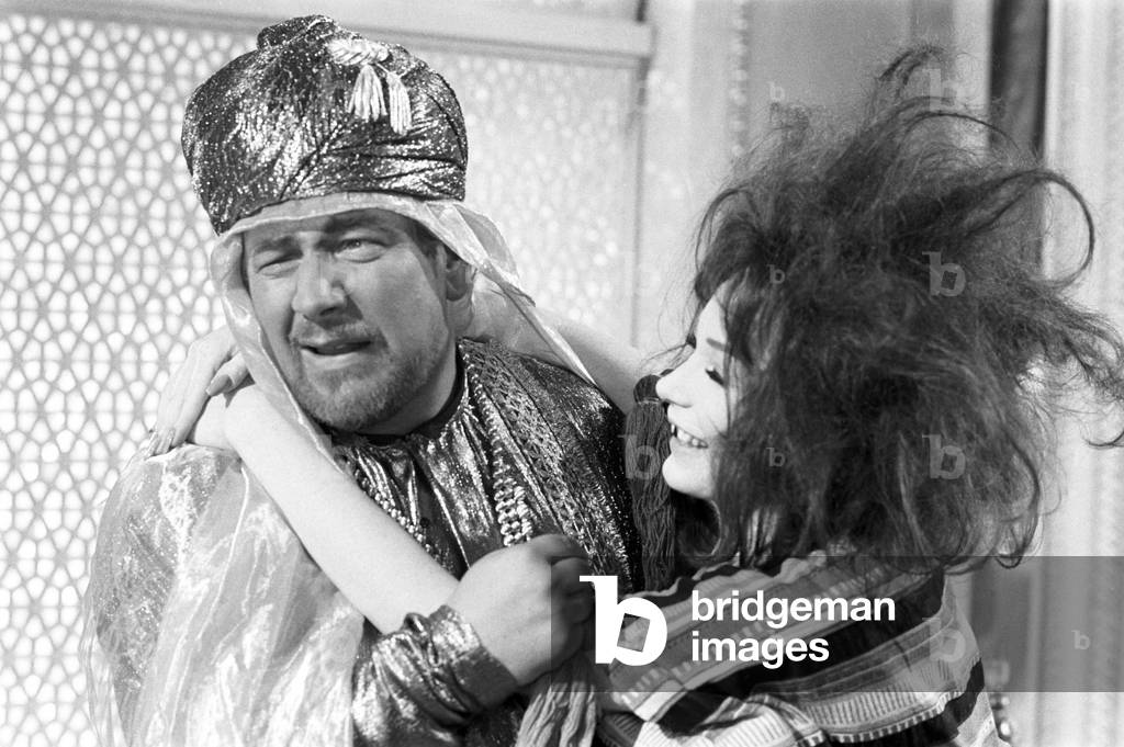 Shirley MacLaine and Peter Ustinov on the set of the film 'John Goldfarb, Please Come' directed by J. Lee Thompson, Italy, 1965 (b/w photo)