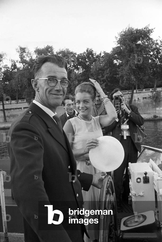 Romy Schneider on a boat, France, Paris, 1962 (b/w photo)