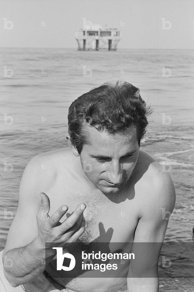 Pietro Bernardini, the inhabitant of the steel platform off the coast of Rimini, Italy, 1968 (b/w photo)