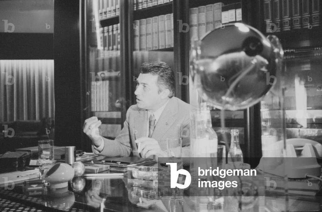 Ferruccio Lamborghini in his office, Italy, 1970 (b/w photo)