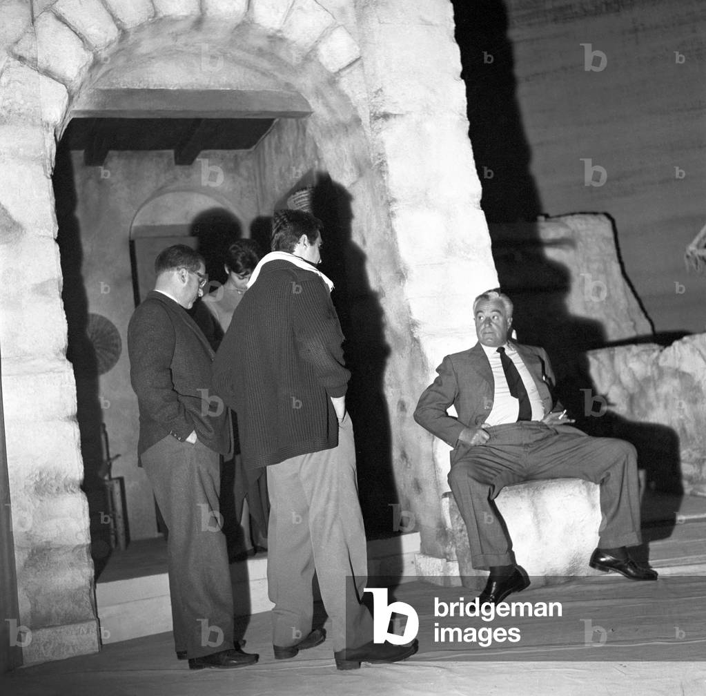 Vittorio De Sica and Giusi Raspani Dandolo during the reharsals of the play Liolà, Italy, 1962 (b/w photo)