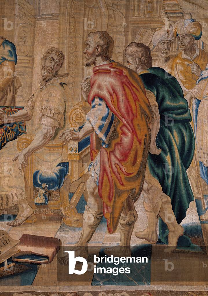 Stories of Marcus Aurelius. Marcus Aureluis and the doctors, Antwerp Manifacture, by Michiel Wauters 1655 - 1670, 17th Century, woll and silk tapestry, with a warp made of 7 or 8 threads per cm.