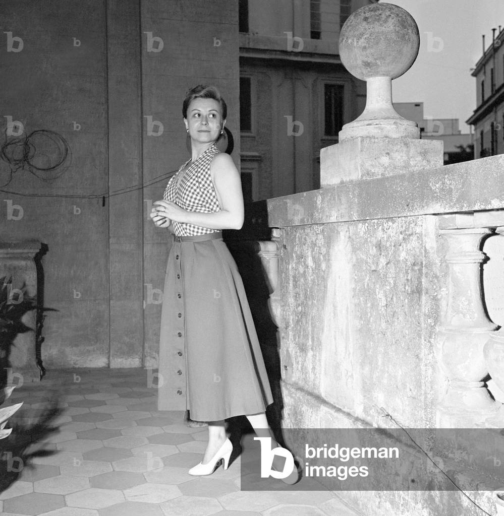 Giulietta Masina on the terrace at home, Italy, 1950 (b/w photo)