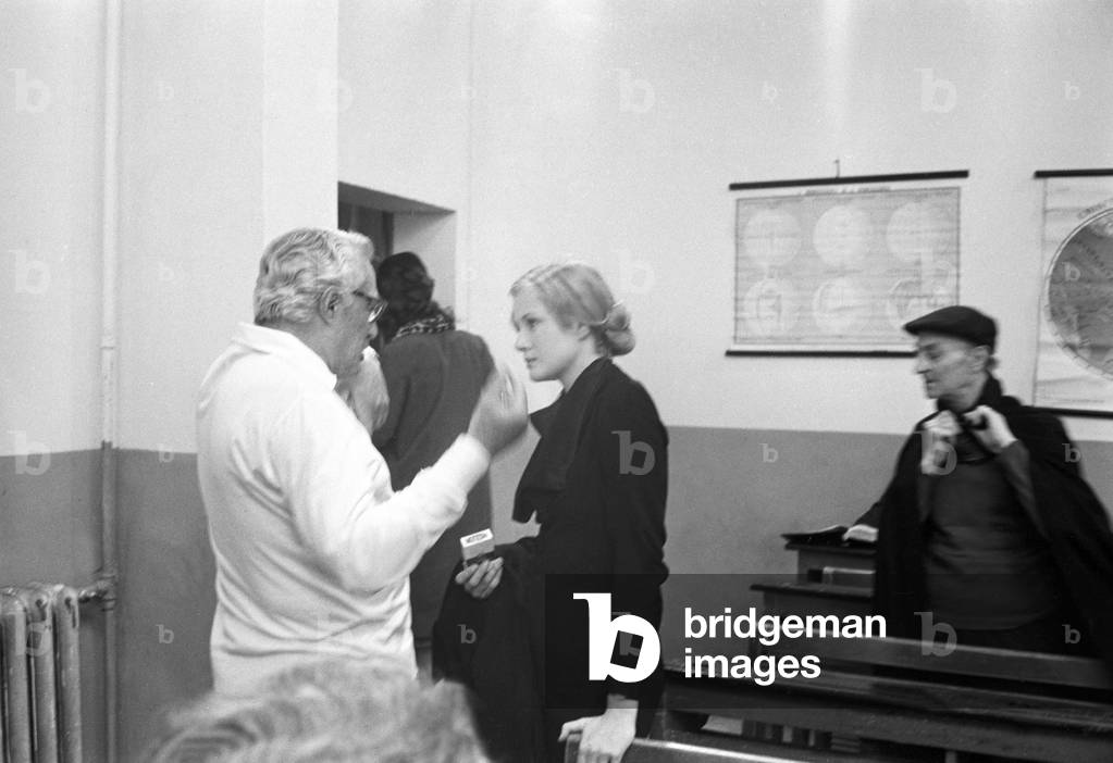 Vittorio De Sica and Dominique Sanda on the set of The Garden of the Finzi-Continis, Italy, 1970 (b/w photo)