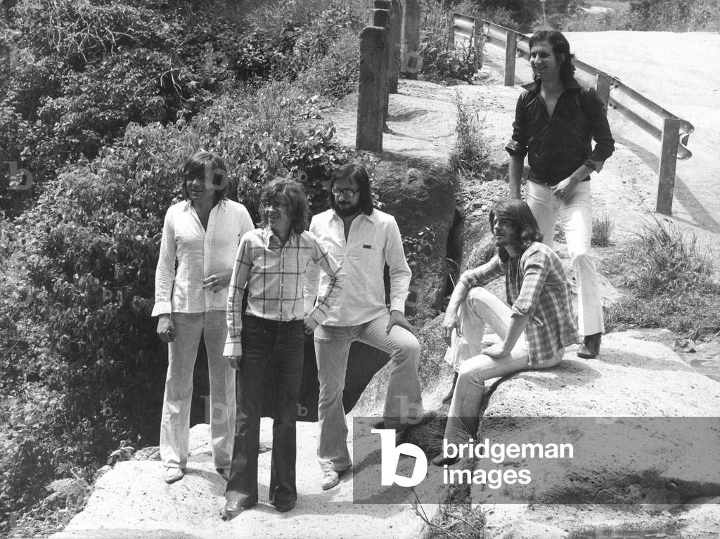 Nomadi in a park are smiling while looking at an imprecise point. From left, in the second line, Beppe Carletti and Augusto Daolio