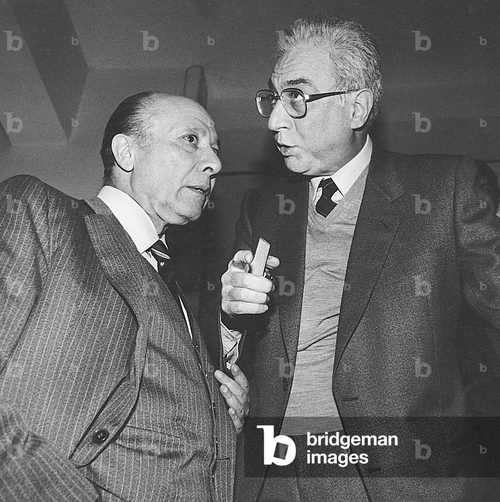 The President of the Senate of the Italian Republic Francesco Cossiga talking to the Minister of Cultural Heritage and Activities and Tourism of the Italian Republic Antonino Pietro Gullotti, Rome, February 1984 (photo)