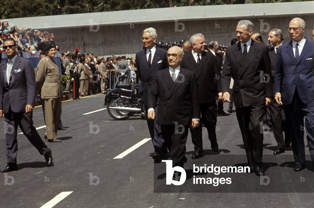 Amintore Fanfani and Maurice Couve de Murville at the inauguration of the Mont Blanc Tunnel, Italy