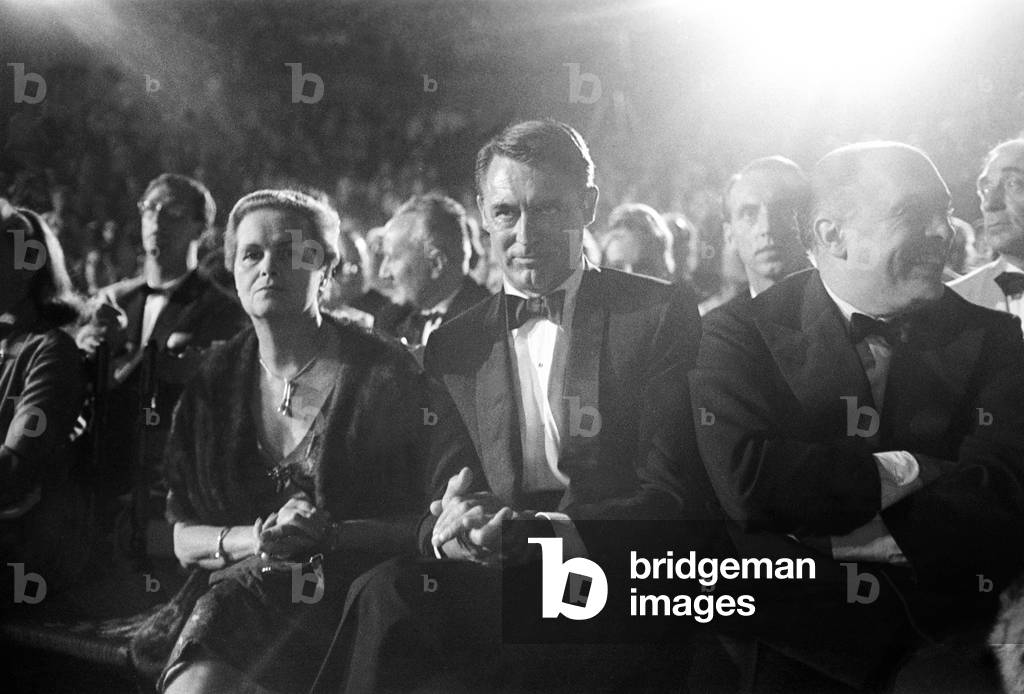Cary Grant and Carlo Ponti at the David di Donatello award ceremony, Italy, 1960 (b/w photo)
