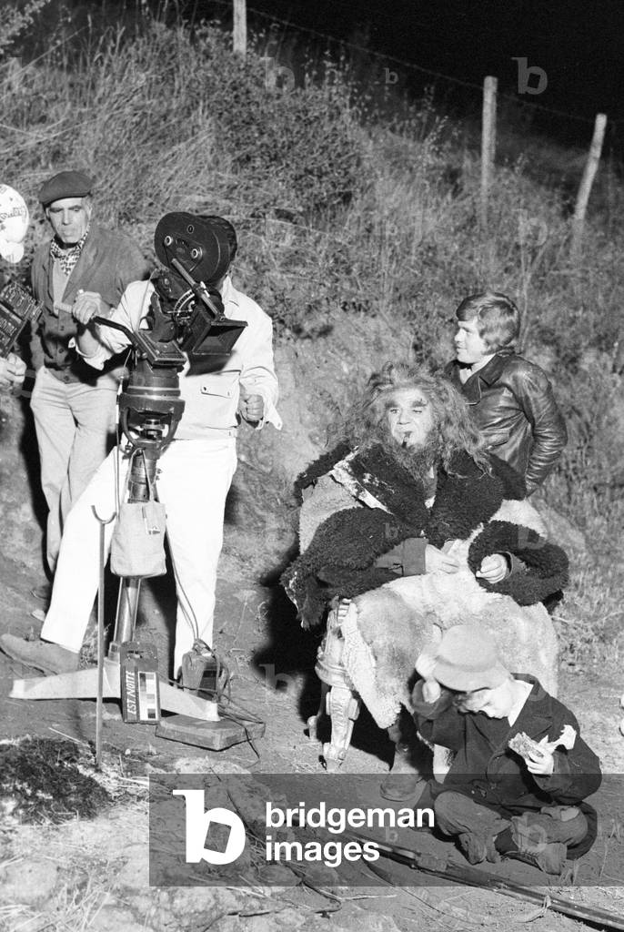 Lionel Stander, Luigi Comencini and Andrea Balestri on the set of the TV mini-series The Adventures of Pinocchio, Italy, 1972 (b/w photo)