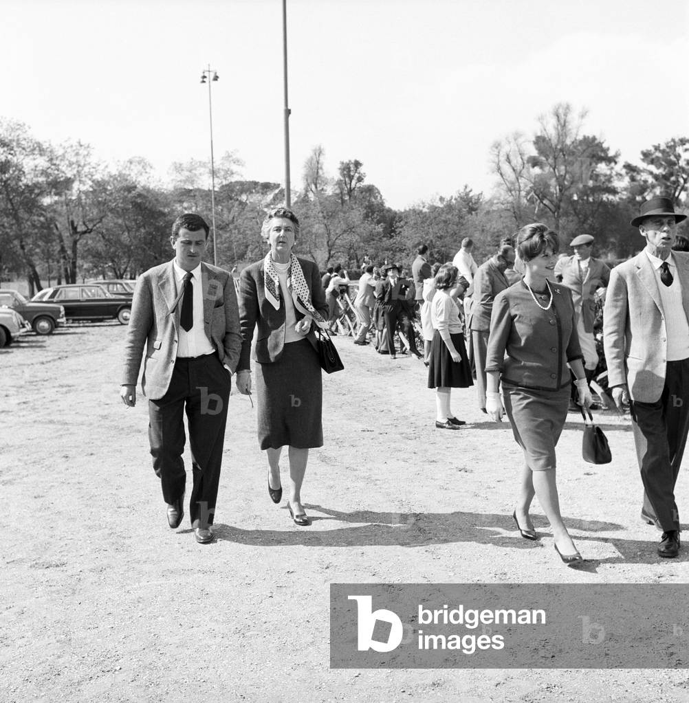 Marisa Allasio, Pier Francesco Calvi di Bergolo, Iolanda Margherita of Savoy and Giorgio Carlo Calvi di Bergolo at the hippodrome of Villa Borghese, Italy, 1962 (b/w photo)