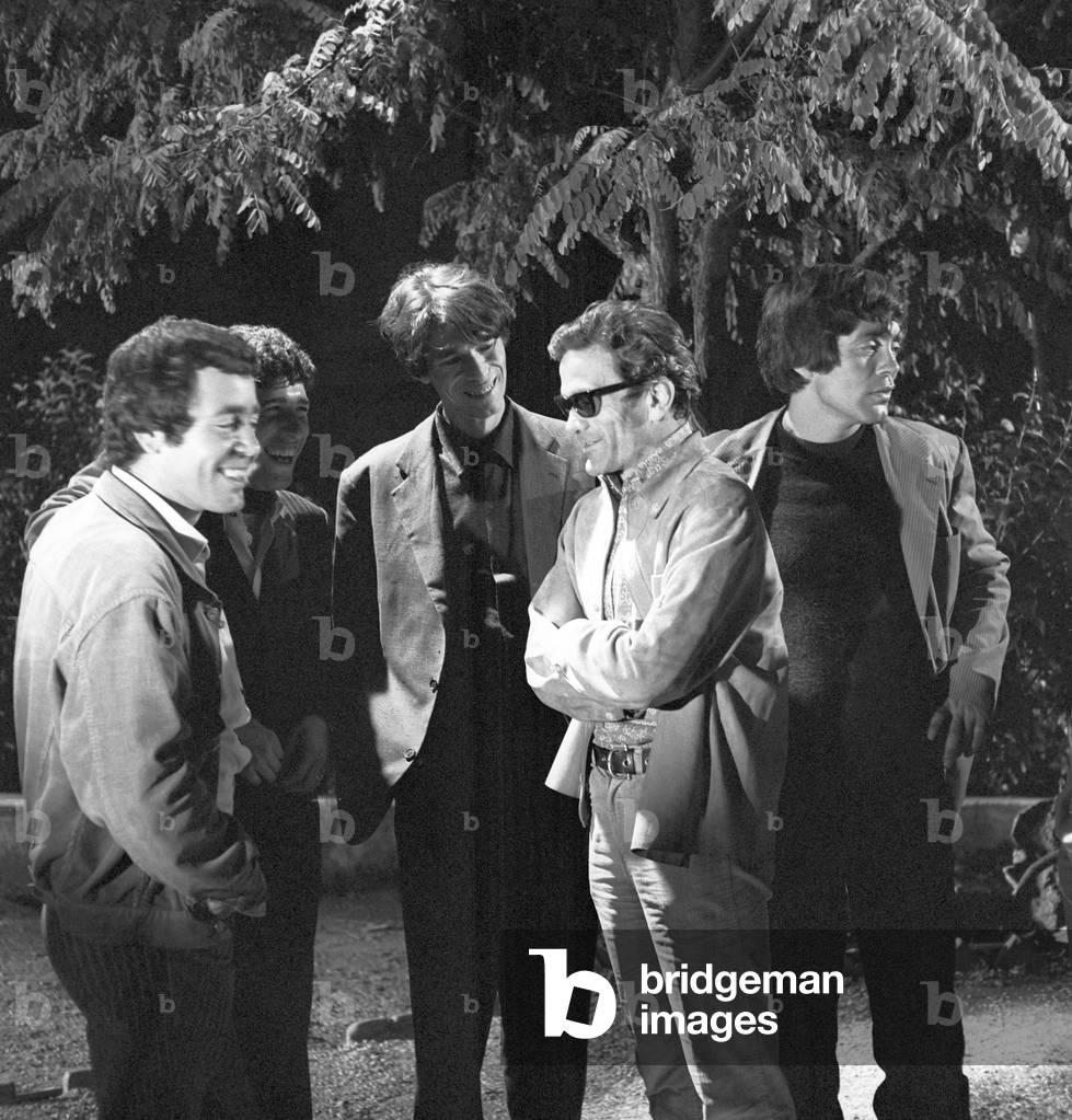 Pier Paolo Pasolini, Ninetto Davoli, Franco Citti, Laurent Terzieff and Sergio Citti on the film set of Ostia, Italy, 1970 (b/w photo)