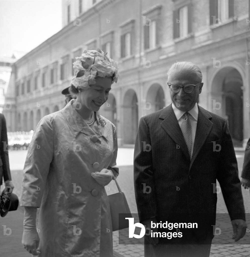 Elizabeth II and Giovanni Gronchi at Quirinal Palace, Italy, 1961 (b/w photo)