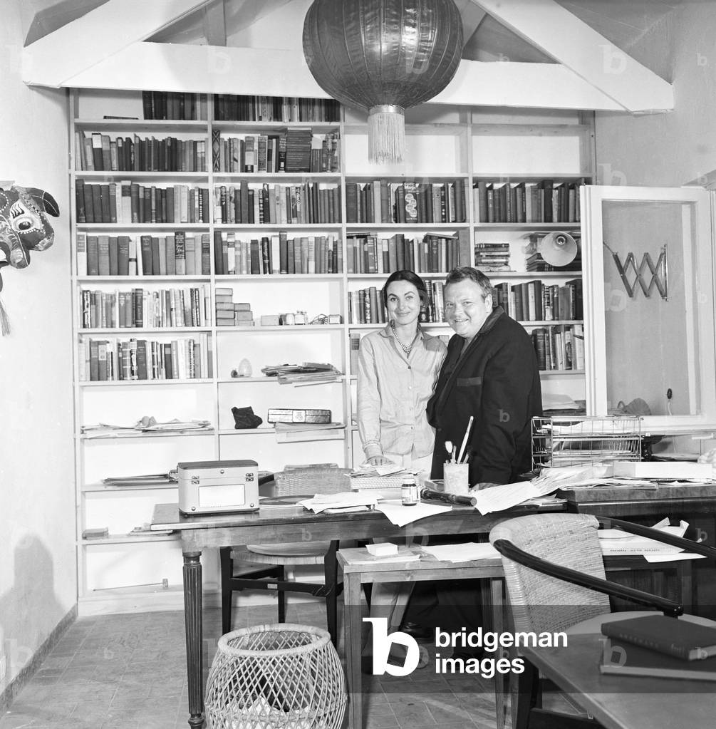 Orson Welles and Paola Mori posing, Italy, 1959 (b/w photo)