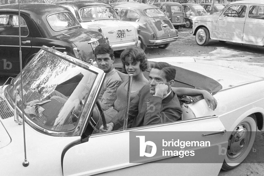 Pier Paolo Pasolini, Anna Maria Ferrero and Jean-Claude Brialy on the set of the film Bad Girls Don't Cry, Italy, 1959 (b/w photo)