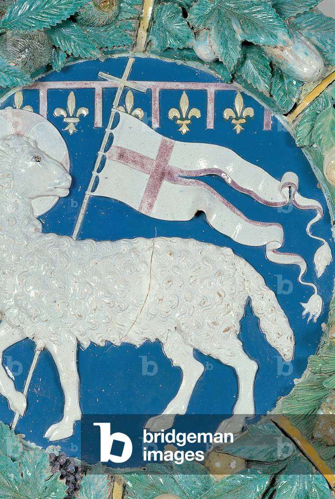 Agnus Dei in a garland of fruit, (glazed polychrome terracotta)