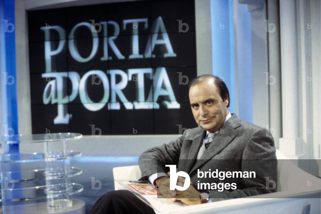 Bruno Vespa in the studios of Porta a Porta, Italy