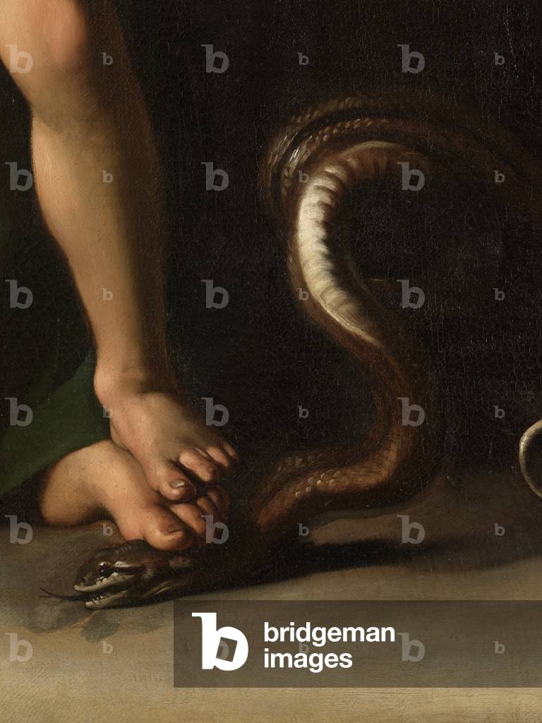 Madonna Palafrenieri, detail of the feet of the Virgin and of Christ crushing the serpent, 1605 (oil on canvas)