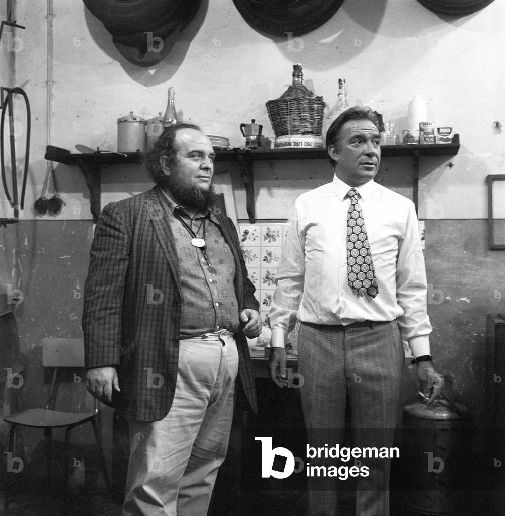 Marco Ferreri and Ugo Tognazzi on the film set of Papal Audience, Italy, 1972 (b/w photo)