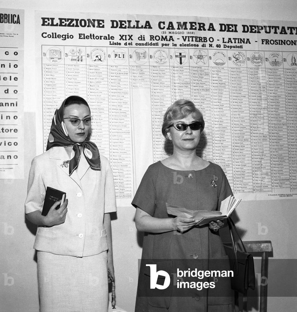 Giulietta Masina at the polling station, Italy, 1958 (b/w photo)