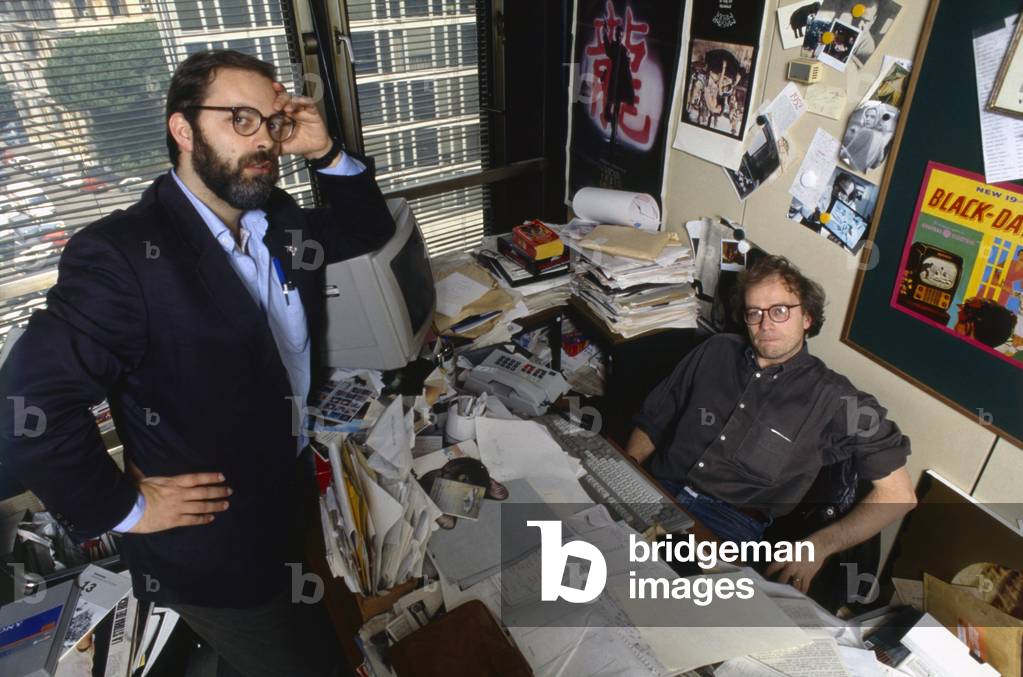 Enrico Ghezzi and Marco Giusti posing in Blob editorial office, Italy