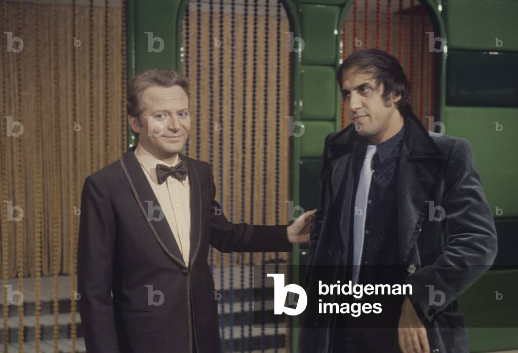 Alighiero Noschese and Adriano Celentano at Formula Due, Italy
