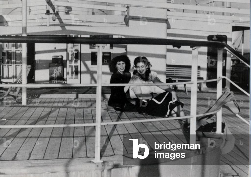 Maria Callas on the ship to Italy, 1947 (b/w photo)
