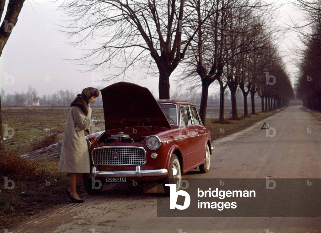 A woman looking worried at the broken-down engine of her car, Italy