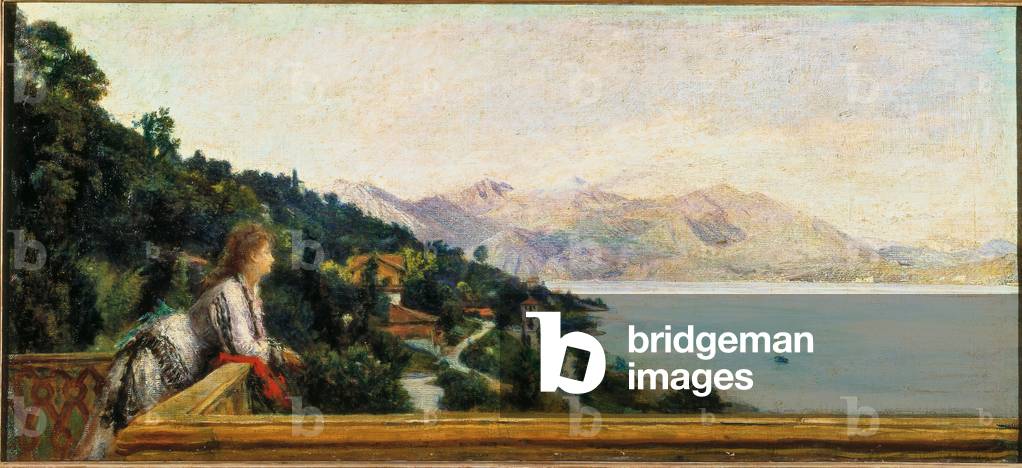 View of Lake Maggiore from the Villa Ada Troubetzkoy (Veduta del lago Maggiore dalla villa di Ada Troubetzkoy), by Ranzoni Daniele, 1872, 19th Century, oil on board, 105,5 x 49,2 cm