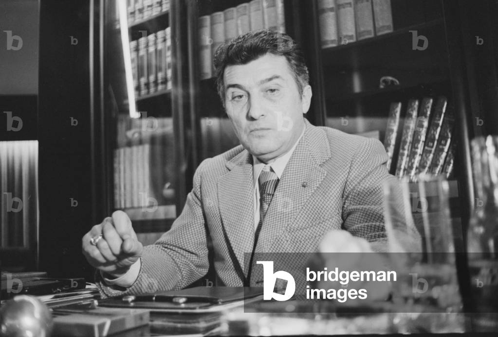 Ferruccio Lamborghini in his office, Italy, 1970 (b/w photo)