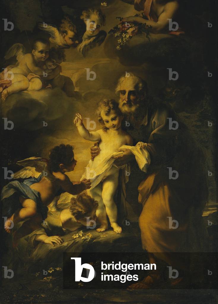 Saint Joseph with the Child and angels (San Giuseppe col Bambino Gesù e angeli), by Stefano Maria Legnani known as Legnanino, 1693, 17th Century, olio on canvas, 298 x 200 cm
