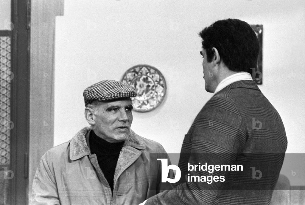 Luigi Comencini and Vittorio Gassman on the set of film Goodnight, Ladies and Gentlemen, Italy, 1976 (b/w photo)