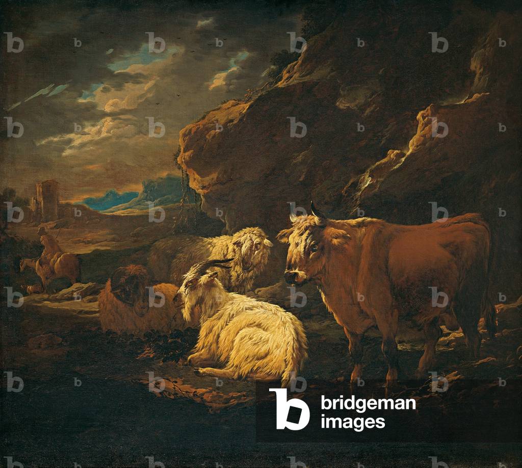 Cattle, Goats and Sheep in a Landscape, by Anonymous close to Philipp Peter Roos also called Rosa from Tivoli, ca. 1690 - 1710, 18th Century, oil on canvas, 96 x 106 cm
