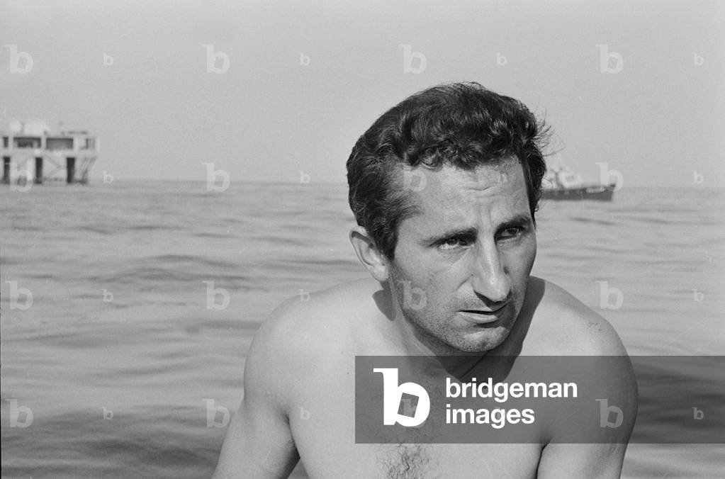 Pietro Bernardini, the inhabitant of the steel platform off the coast of Rimini, Italy, 1968 (b/w photo)