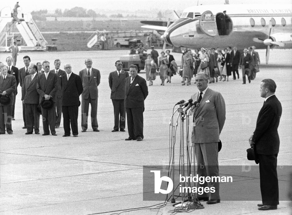 Max Petitpierre listening to Anthony Eden's speech at the Geneva Airport, Geneva, Switzerland