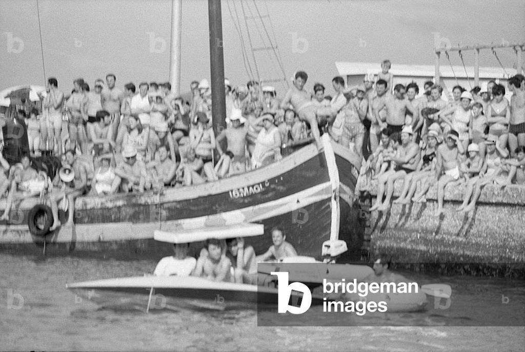 15th August 1969 - Crowds of families on a boat trip, Italy, 1969 (b/w photo)