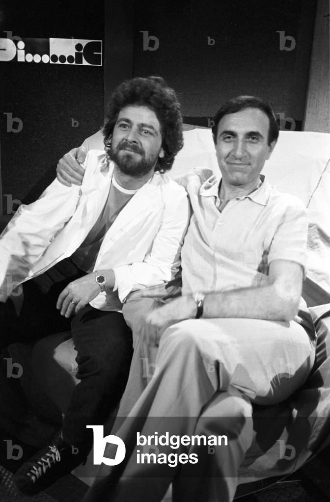 Italian TV host Pippo Baudo with Beppe Grillo, Italy, 1978 (b/w photo)