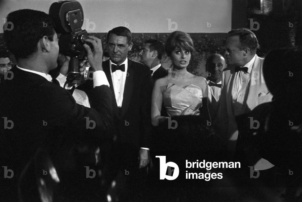 Cary Grant, Sophia Loren and Van Heflin at the David di Donatello award ceremony, Italy, 1960 (b/w photo)