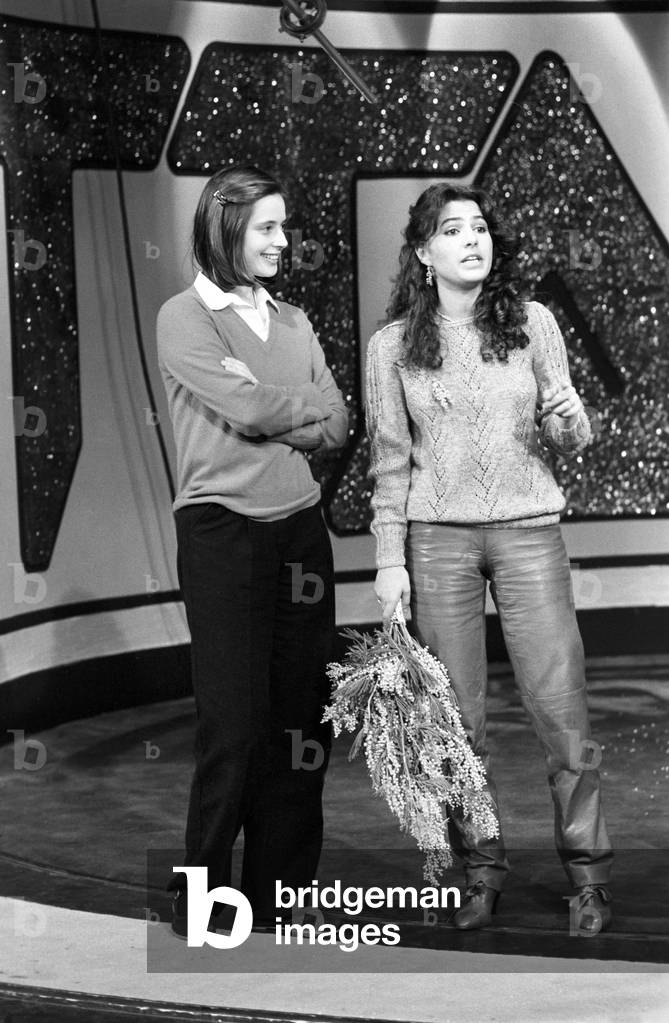 Isabella Rossellini and Roberta Manfredi in a TV studio, Italy, 1981 (b/w photo)
