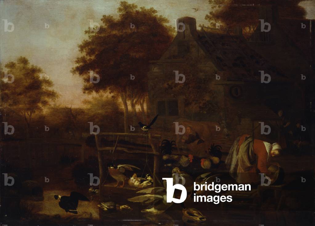 Farmhouse with Birds and Figures, by Dirck Wijntrack and possibly unknown helpers, ca. 1650 - ante 1655, 17th Century, oil on board, 82 x 59 cm