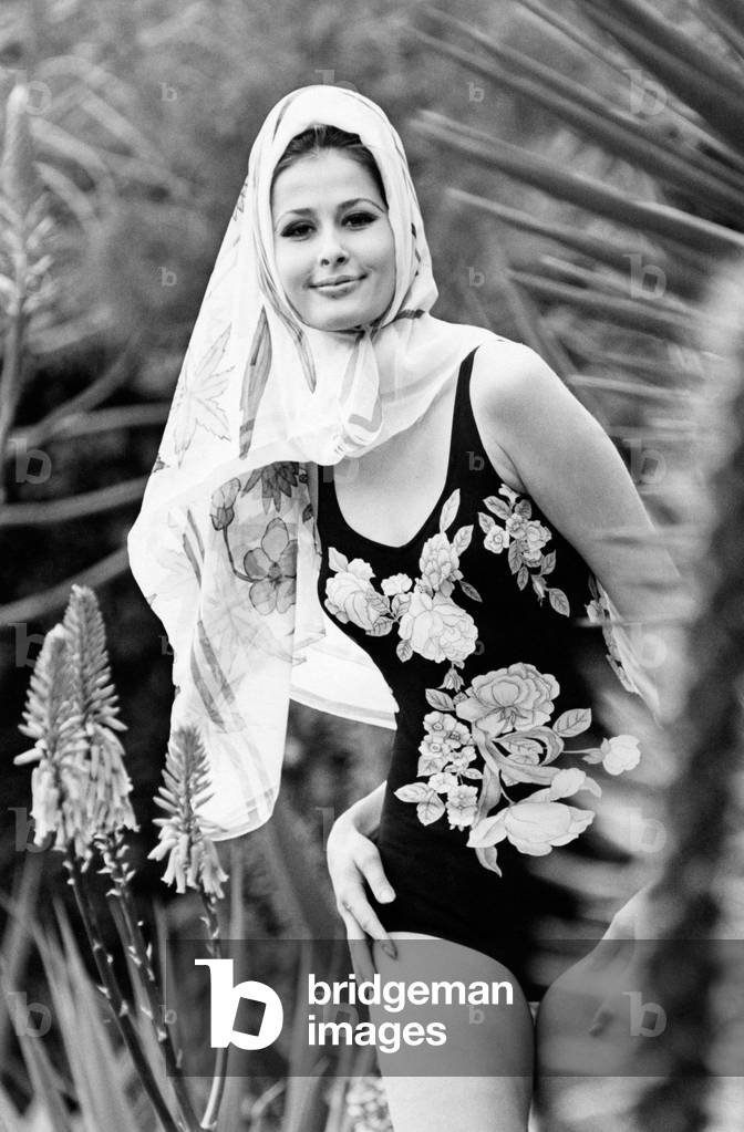 A model wearing a flowery swimsuit, Italy, 1964