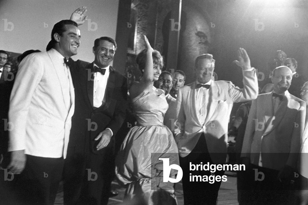 Vittorio Gassman, Cary Grant, Sophia Loren and Van Heflin at the David di Donatello award ceremony, Italy, 1960 (b/w photo)