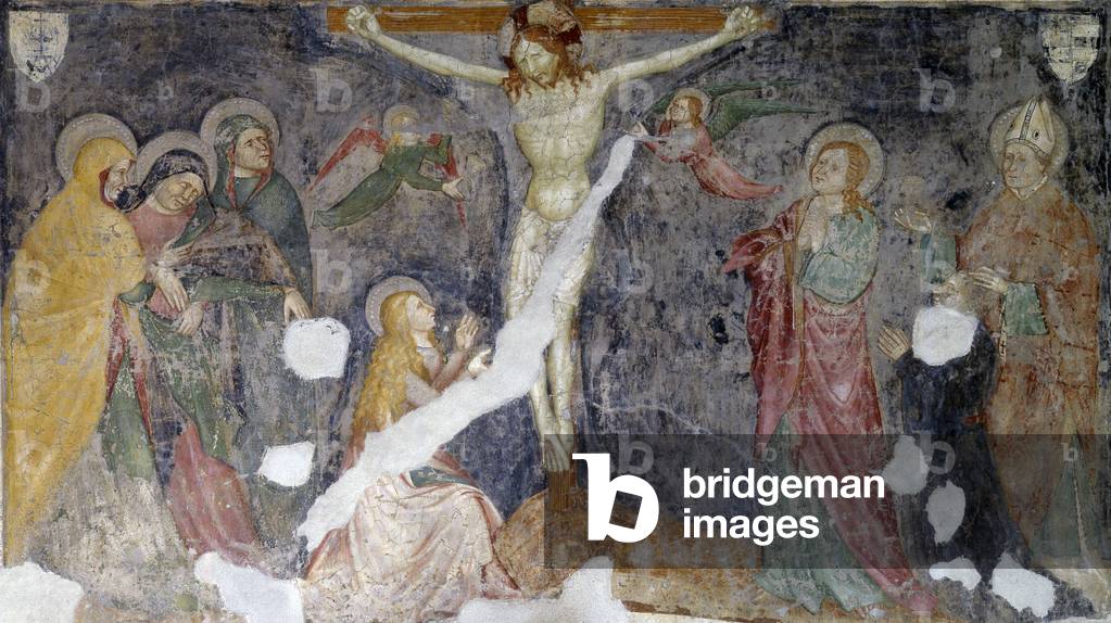 Crucifixion with Virgin, three Maries, Saint John the Evangelist, Weeping Angels and the Offerer presented by Saint Nicholas from Bari, by Unknown Artist of the workshop of the Zavattari brothers, 15th Century, fresco