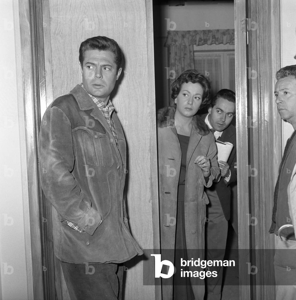 Marisa Merlini and Marcello Mastroianni on the set of Everyone's in Love, Italy, 1958 (b/w photo)