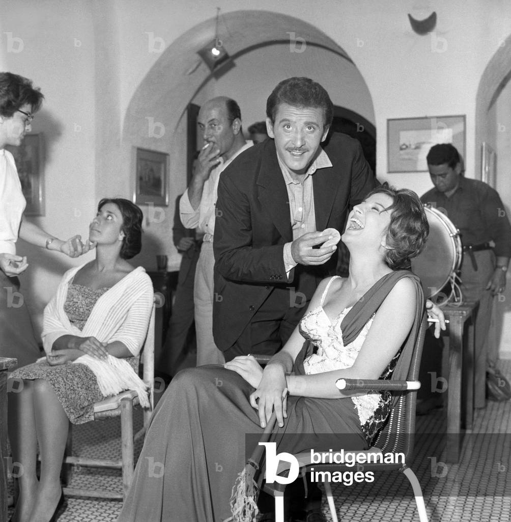 Mina and Domenico Modugno on the set of Appuntamento a Ischia, Italy, 1960 (b/w photo)