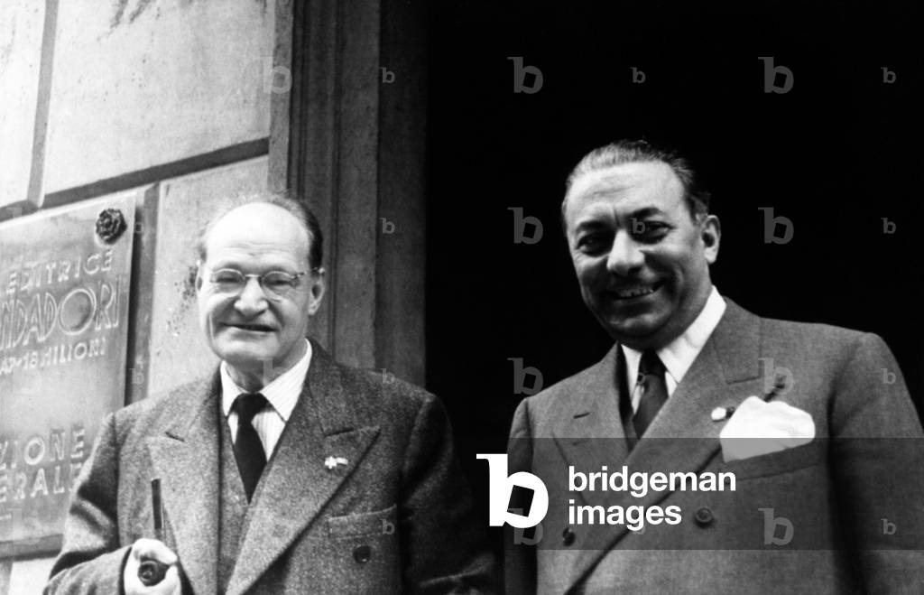 Giuseppe Ungaretti with Arnoldo Mondadori outside the publishing house seat