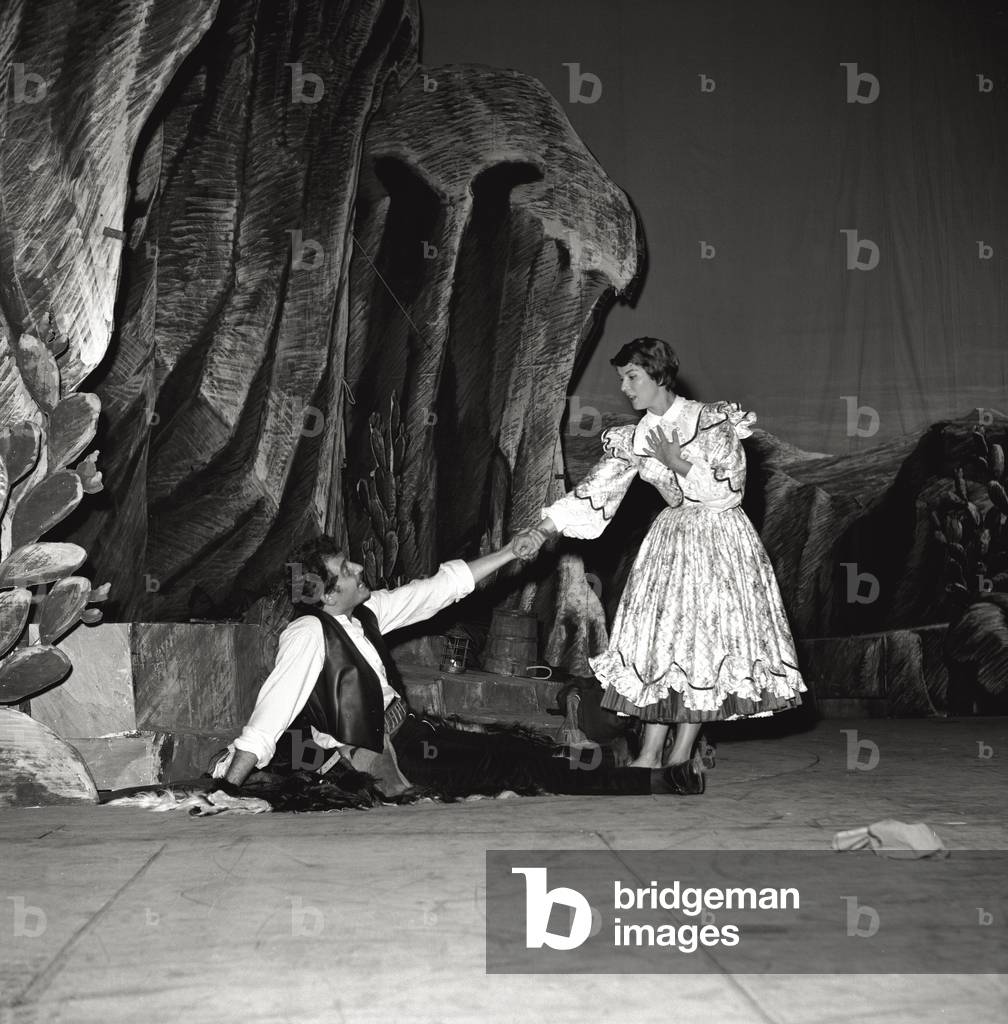 Domenico Modugno and Delia Scala in a scene of the play 'Rinaldo in campo', 1961 (b/w photo)
