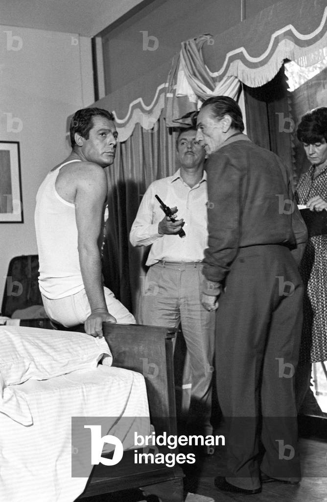Marcello Mastroianni, Eduardo De Filippo and Luciano Salce on the set of the film The Man, the Woman and the Money, Italy, 1965 (b/w photo)