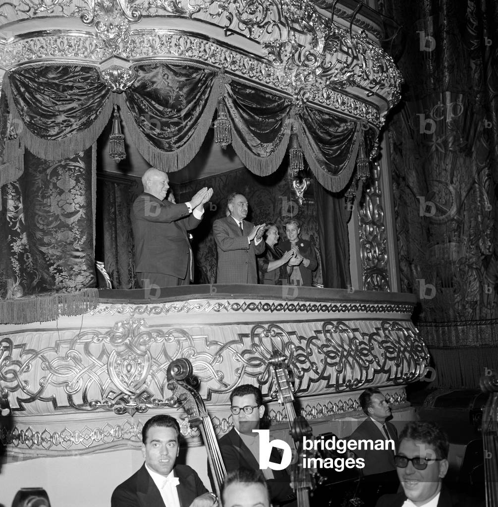 Nikita Khrushchev in a theatre together with Anastas Ivanovich Mikoyan, 1964 (b/w photo)