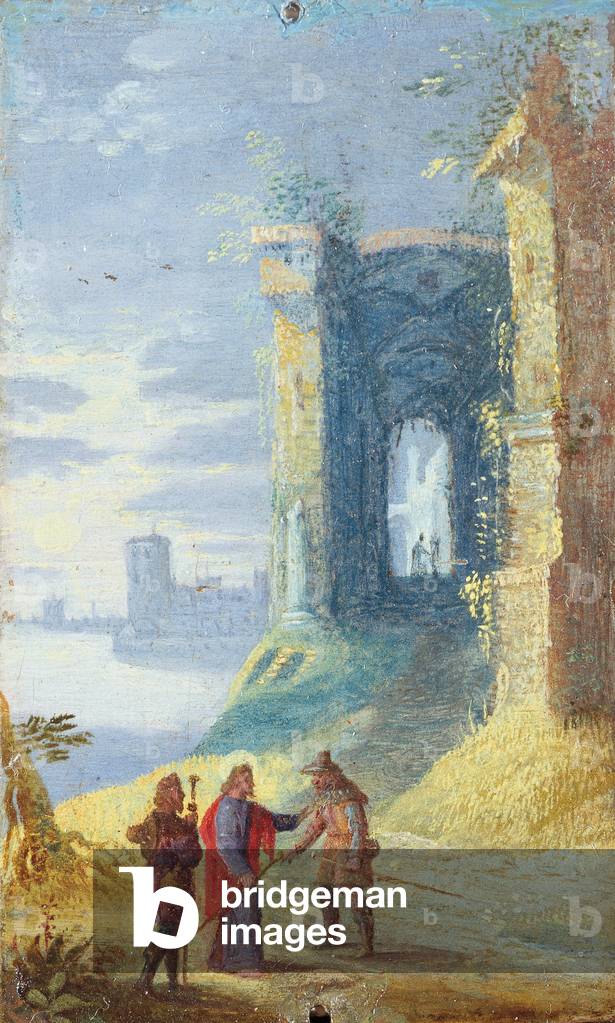 Lake Landscape with Christ Between the two Disciples of Emmaus, by Unknown Flemish artist, 17th century, oil on copper, 8.5 x 4 cm